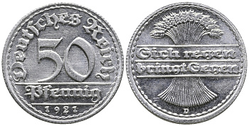 ГЕРМАНИЯ 50 ПФЕННИГОВ 1921 D KM 27, J. 301 алюминий 24-1017