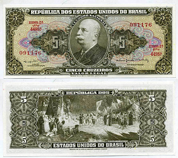 БРАЗИЛИЯ 5 КРУЗЕЙРО 1964 СЕРИЯ 4498А, БАРАО ДО РИО БРАНКО, ERSTAMPA 2А Pick 176d бумага UNC (ПРЕСС) 6293-51-3