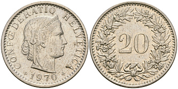 Швейцария 20 раппенов 1970 KM 29а медно-никель 4364-1421