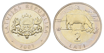 Латвия 2 лата 2003 корова KM 38 биметалл BU 4678-332