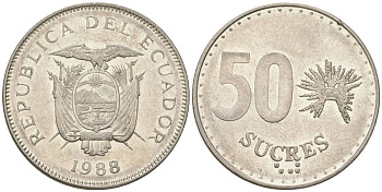 Эквадор 50 сукре 1988 KM 93 сталь плакированная никелем 4511-934