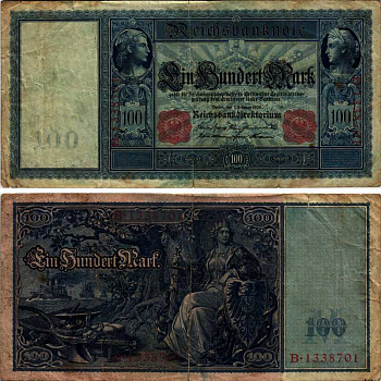 Германия 100 марок 1908 7 февраля 1908,Меркурий и Церера, Германия на троне Pick 35 бумага 434-3-2-1