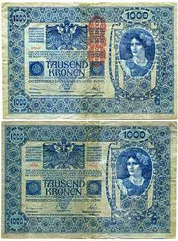 АВСТРИЯ 1000 КРОН 1919 КРАСНАЯ ВЕРТИКАЛЬНАЯ НАДПЕЧАТКА НА 1902 Pick 59 бумага 7146-59-1-1