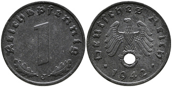 ГЕРМАНИЯ 1 РЕЙХСПФЕННИГ 1942 J KM 97, J.369 цинк 96-751