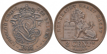 БЕЛЬГИЯ 2 САНТИМА 1905 BELGEN KM 36 медь 68-213