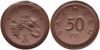 Саксония 50 пфеннигов 1921 виноград и лопата J. N 54 фарфор 1094-5-73