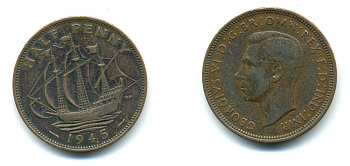 Великобритания 1/2 пенни 1945 Георг VI (1936-1952) KM 844, Spink 4115 бронза 540-441