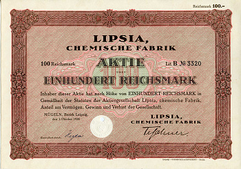 Германия 100 рейхсмарок 1928 АО Липсия, химический завод, акция   бумага  8803-16-1