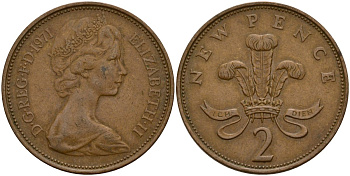 Великобритания 2 пенса 1971 Елизавета II (1952-2022) KM 916, Spink 4235 (C1) бронза 4156-515