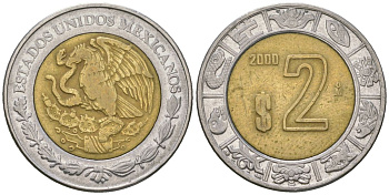 Мексика 2 песо 2000 M KM 604 биметалл 4591-216