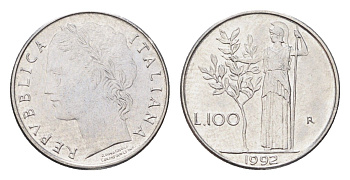 Италия 100 лир 1992 R, Афина в доспехах KM 96.2 нержавеющая сталь 4705-163