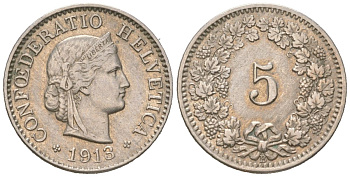 Швейцария 5 раппенов 1913 B KM 26 медно-никель 4160-545
