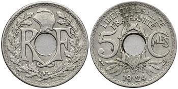 Франция 5 сантимов 1924 мондвор пуаси KM 875, Le Franc 122.9 медно-никель 4124-1268