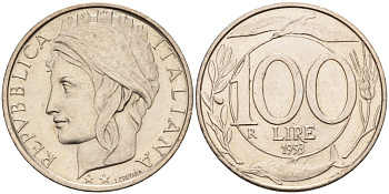 Италия 100 лир 1999 R, дельфин KM 159 медно-никель 86-1455