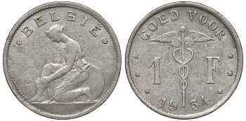 Бельгия 1 франк 1934 Belgie KM 90 никель 51-1844