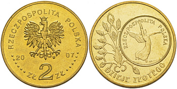 Польша 2 злотых 2007 MW, серия история польского злотого, Ника KM 592 нордик UNC 4676-434