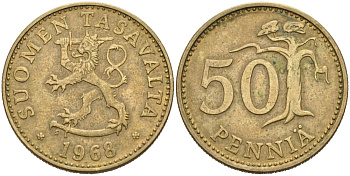 ФИНЛЯНДИЯ 50 ПЕННИ 1968 S KM 48 алюминиевая бронза 4563-421