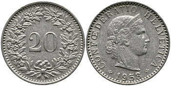 ШВЕЙЦАРИЯ 20 РАППЕНОВ 1958 В KM 29а медно-никель 4539-557