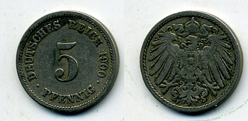 ГЕРМАНИЯ 5 ПФЕННИГОВ 1900 F, KM 11, J. 12 медно-никель 58-1152