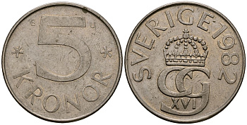 Швеция 5 крон 1982 Карл XVI Густав (1973- ) KM 853 медно-никель 4165-935