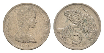 Новая Зеландия 5 центов 1974 Елизавета II (1952-2022), ящерица гаттерия KM 34.1 медно-никель 4655-1156