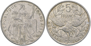 Французская Новая Каледония 5 франков 2011 птица кагу, (IEOM) KM 16, Schoen 12, Lec 81k алюминий 4111-734