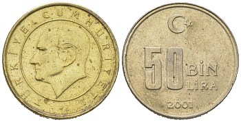 Турция 50000 лир 2001 KM 1105 медь цинк никель 4158-321