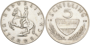 Австрия 5 шиллингов 1960 KM 2889 серебро 4556-225