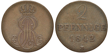 Ганновер 2 пфеннига 1842 S, Эрнст Август (1837-1851) KM 174.2, AKS 123, J. 55 медь 75-1735