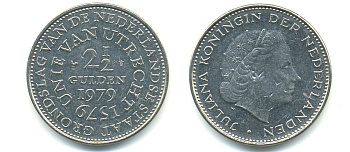 Нидерланды 2 1/2 гульдена 1979 400 лет Утрехтскому союзу, Юлиана (1949-1980) KM 197 никель 84-1216