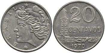 Бразилия 20 сентаво 1970 голова Свободы влево KM 579.2, Schon 84a медно-никель 4577-623
