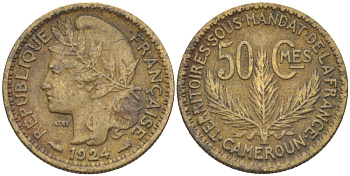 Французский Камерун 50 сантимов 1924 (а), монетный двор Париж KM 1 алюминиевая бронза 72-1154