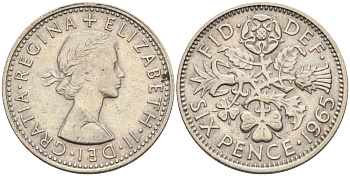 Великобритания 6 пенсов 1965 Елизавета II (1952-2022) KM 903, Spink 4149 медно-никель 4115-735