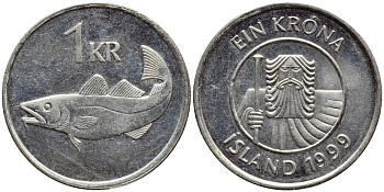 Исландия 1 крона 1999 треска KM 27а сталь плакированная никелем 3334-735