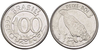 БРАЗИЛИЯ 100 КРУЗЕЙРО 1992 РЕФОРМА 1990-1993, ЛАМАНТИН KM 623 нержавеющая сталь 4387-332