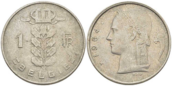 БЕЛЬГИЯ 1 ФРАНК 1964 BELGIE, БОДУЭН I (1951-1993) KM 143.1 медно-никель 119-552