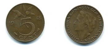 НИДЕРЛАНДЫ 5 ЦЕНТОВ 1948 KM 176 бронза 54-1311