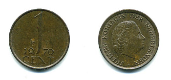 НИДЕРЛАНДЫ 1 ЦЕНТ 1970 ЮЛИАНА KM 180 бронза 76-311