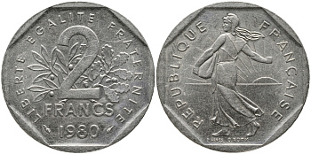 ФРАНЦИЯ 2 ФРАНКА 1980 СЕЯТЕЛЬ KM 942.1, LE FRANC 272.4 никель 65-1027