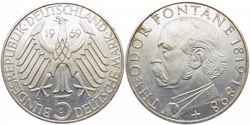 ФРГ 5 марок 1969 G, 150 лет со дня рождения Теодора Фонтана J. 399, KM 125.1 серебро 109-634