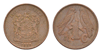 ЮАР 1 цент 1998 герб, капские воробьи KM 170 сталь плакированная медью 4602-152