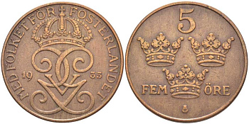 Швеция 5 эре 1935 Густав V (1907-1950) KM 779.2 бронза 115-843