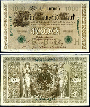 Германия 1000 марок 1910 21 апреля 1910, зеленая печать, номер семизначный, серия E, буква H, выпуск АПРЕЛЬ - ИЮЛЬ 1918 Pick 45 b бумага 8618-53-1-1