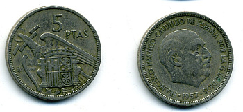 ИСПАНИЯ 5 ПЕСЕТ 1957 (62) ФРАНСИСКО ФРАНКО ДИКТАТОР ИСПАНИИ (1939-1975) KM 786 медно-никель 56-913