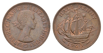 Великобритания 1/2 пенни 1963 Елизавета II (1952-2022) KM 896, Spink 4158 бронза 210-613