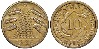 Германия 10 рейхспфеннигов 1926 A KM 40, J. 317 алюминиевая бронза 4604-711