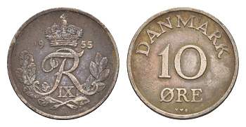 Дания 10 эре 1955 N, Фредерик IX (1947-1972) KM 841 медно-никель 4658-312