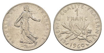 Франция 1 франк 1960 сеятель KM 925.1, Le Franc 226.4 никель 4631-532