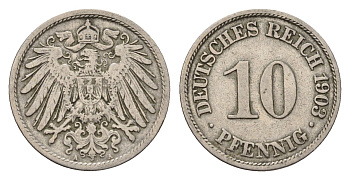 Германия 10 пфеннигов 1903 A, Вильгельм II (1888-1918) KM 12, J. 13 медно-никель 4636-845