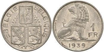 Бельгия 1 франк 1939 Belgie - Belgique KM 120 никель 4135-1041